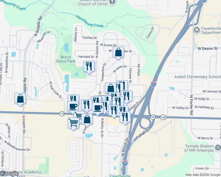 map of restaurants, bars, coffee shops, grocery stores, and more near 1267 Steamboat Drive in Fayetteville