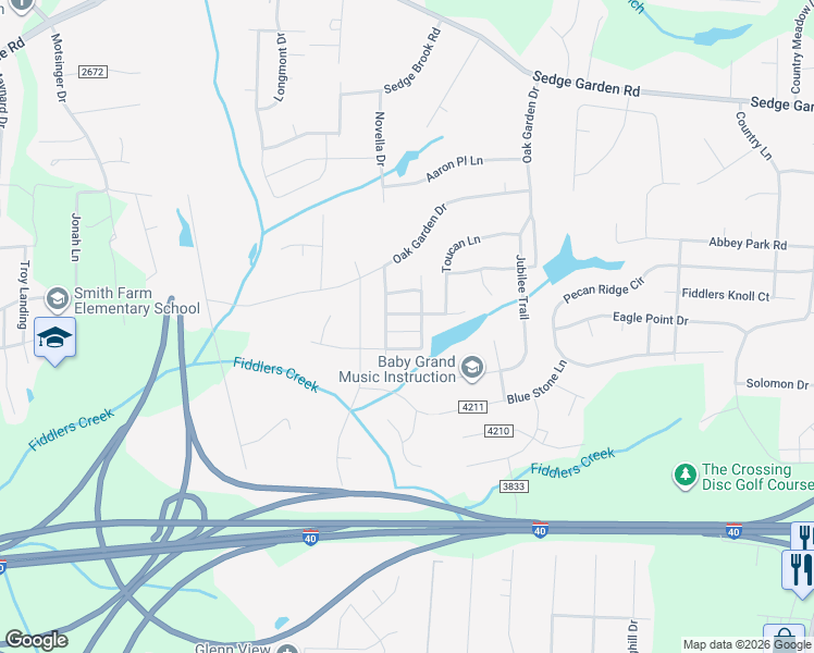 map of restaurants, bars, coffee shops, grocery stores, and more near 5129 Benjamin Court in Kernersville