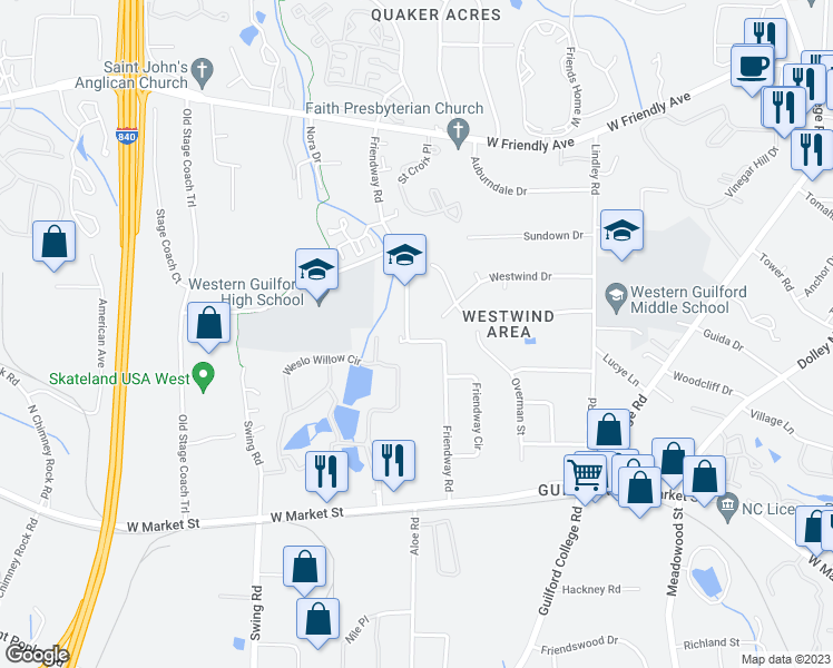 map of restaurants, bars, coffee shops, grocery stores, and more near 316 Friendway Road in Greensboro