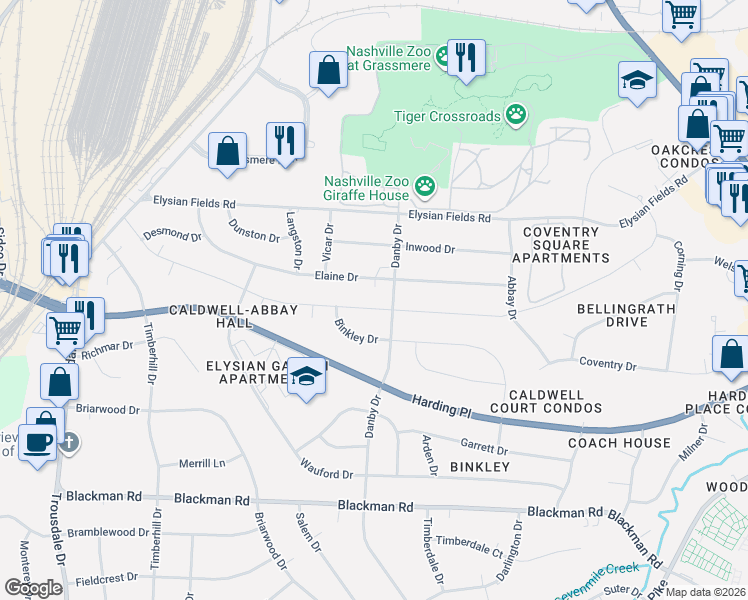 map of restaurants, bars, coffee shops, grocery stores, and more near 4725 Danby Drive in Nashville
