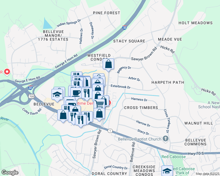map of restaurants, bars, coffee shops, grocery stores, and more near 8100 Sawyer Brown Road in Nashville