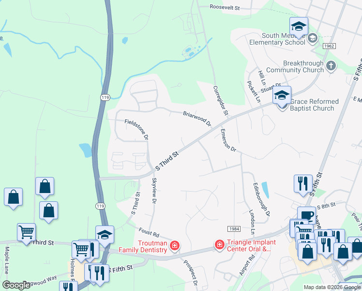map of restaurants, bars, coffee shops, grocery stores, and more near 1208 South Third Street in Mebane