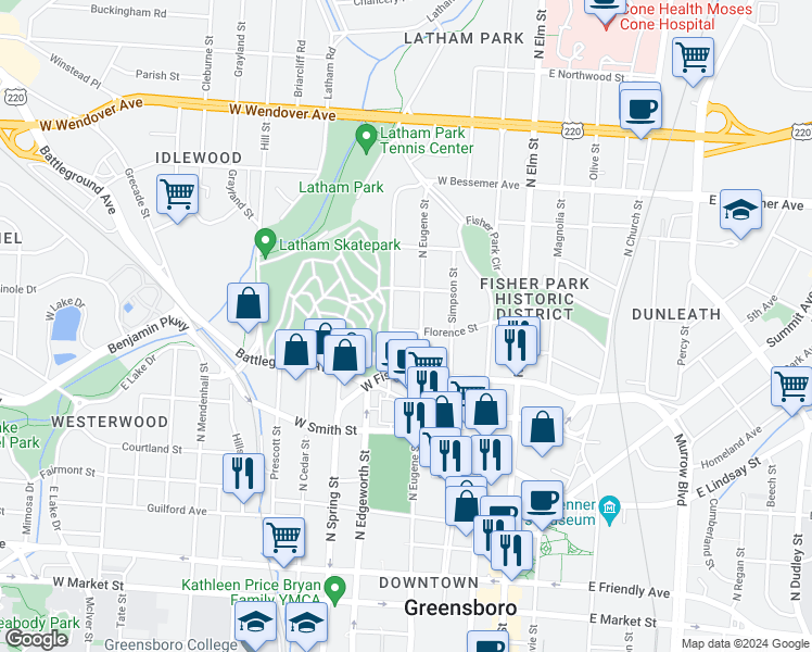map of restaurants, bars, coffee shops, grocery stores, and more near 406 Florence Street in Greensboro