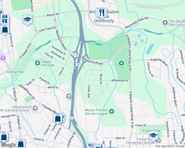 map of restaurants, bars, coffee shops, grocery stores, and more near 1401 Fitch Street in Winston-Salem