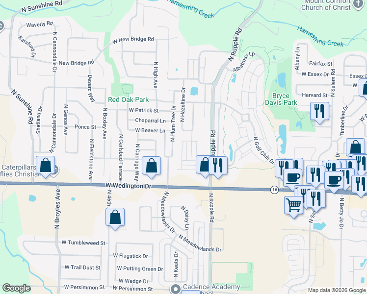 map of restaurants, bars, coffee shops, grocery stores, and more near 1285 North Corsica Drive in Fayetteville