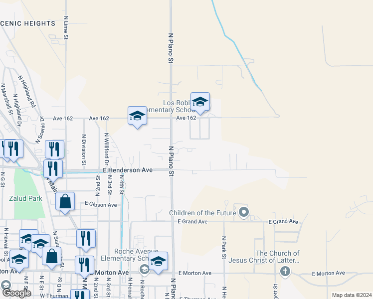 map of restaurants, bars, coffee shops, grocery stores, and more near 870 North Plano Street in Porterville
