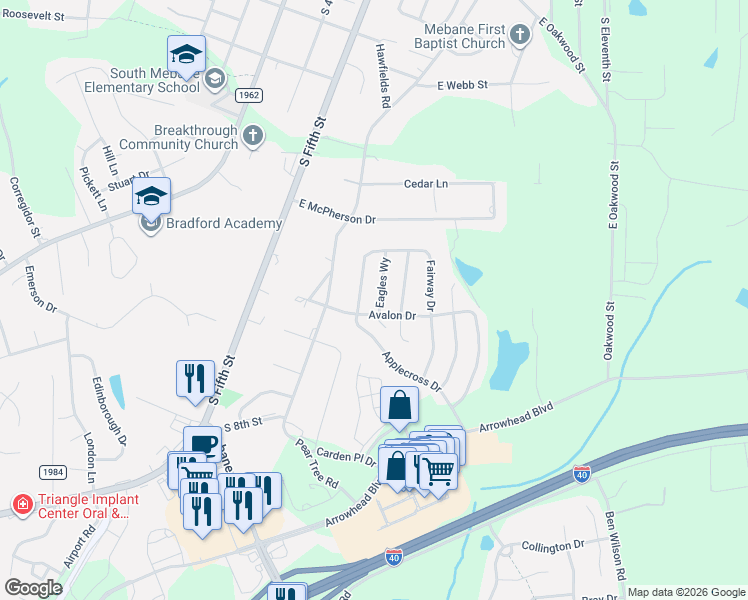 map of restaurants, bars, coffee shops, grocery stores, and more near Avalon Drive in Mebane