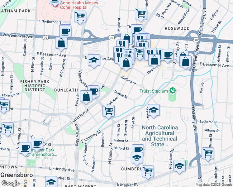 map of restaurants, bars, coffee shops, grocery stores, and more near 742 Park Avenue in Greensboro