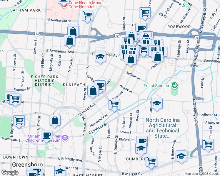 map of restaurants, bars, coffee shops, grocery stores, and more near 712 Summit Avenue in Greensboro