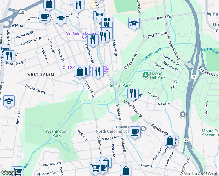 map of restaurants, bars, coffee shops, grocery stores, and more near 1103 Marshall Street Southwest in Winston-Salem
