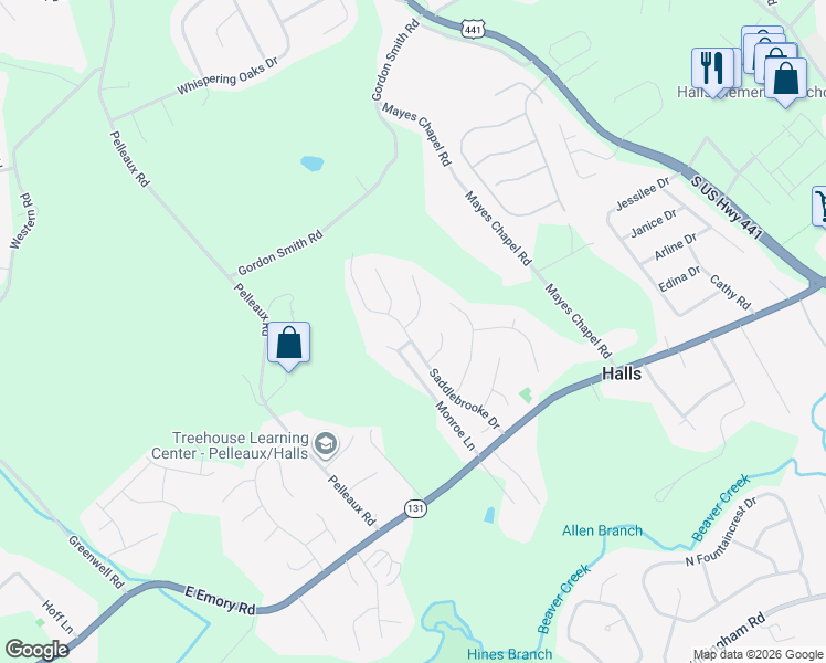 map of restaurants, bars, coffee shops, grocery stores, and more near 7643 Saddlebrooke Drive in Knoxville