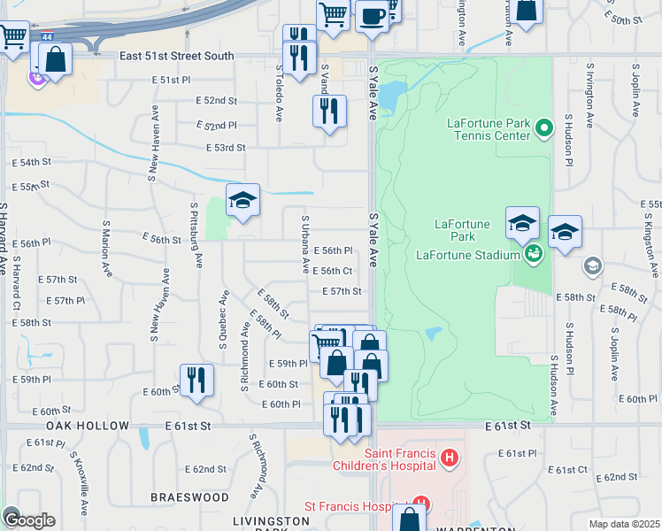 map of restaurants, bars, coffee shops, grocery stores, and more near 4642 East 56th Court in Tulsa