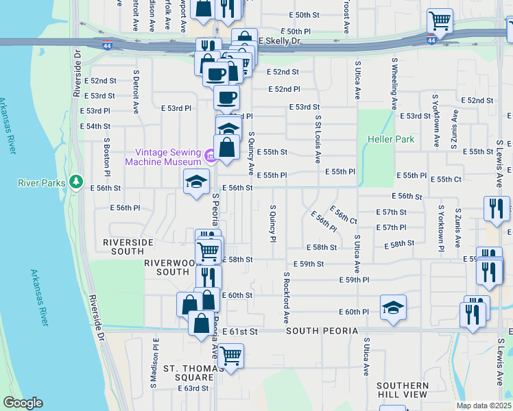 map of restaurants, bars, coffee shops, grocery stores, and more near 5641 South Quincy Avenue in Tulsa
