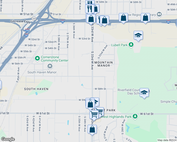 map of restaurants, bars, coffee shops, grocery stores, and more near 5648 South 33rd West Avenue in Tulsa