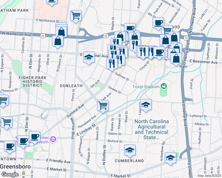 map of restaurants, bars, coffee shops, grocery stores, and more near 810 Dewey Street in Greensboro