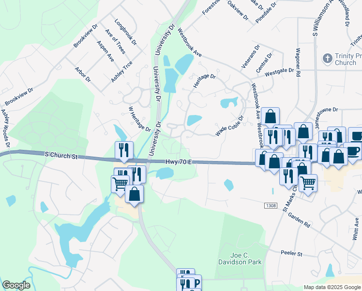 map of restaurants, bars, coffee shops, grocery stores, and more near 3801 Wade Coble Dr in Burlington