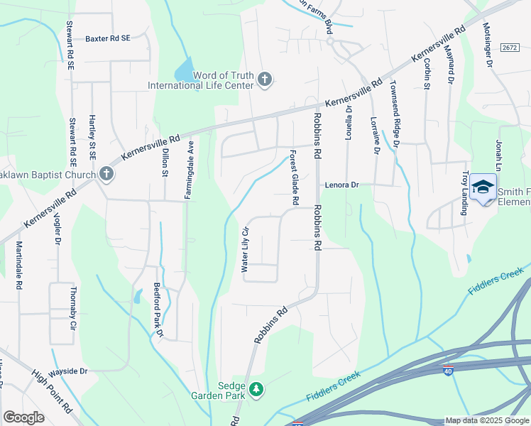 map of restaurants, bars, coffee shops, grocery stores, and more near 211 Water Lily Circle in Winston-Salem