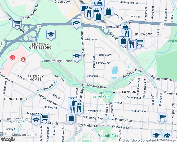 map of restaurants, bars, coffee shops, grocery stores, and more near 1504 Garland Drive in Greensboro