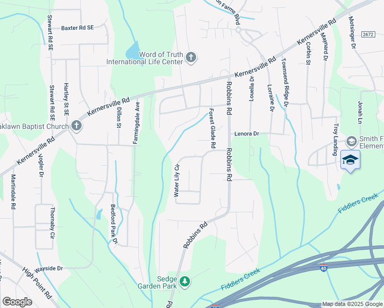 map of restaurants, bars, coffee shops, grocery stores, and more near 211 Water Lily Circle in Winston-Salem