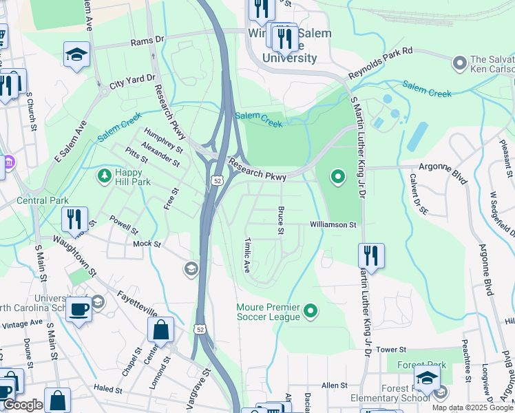 map of restaurants, bars, coffee shops, grocery stores, and more near 1401 Fitch Street in Winston-Salem
