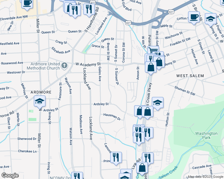 map of restaurants, bars, coffee shops, grocery stores, and more near 811 Brent Street in Winston Salem