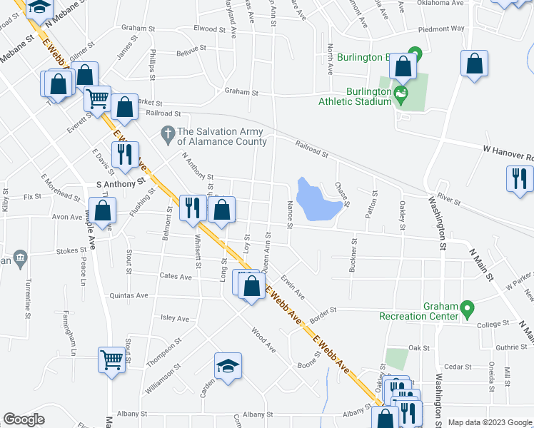 map of restaurants, bars, coffee shops, grocery stores, and more near 1211 Queen Ann Street in Burlington