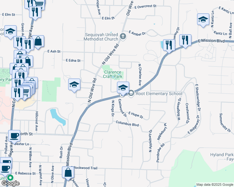 map of restaurants, bars, coffee shops, grocery stores, and more near 1501 North Kings Drive in Fayetteville