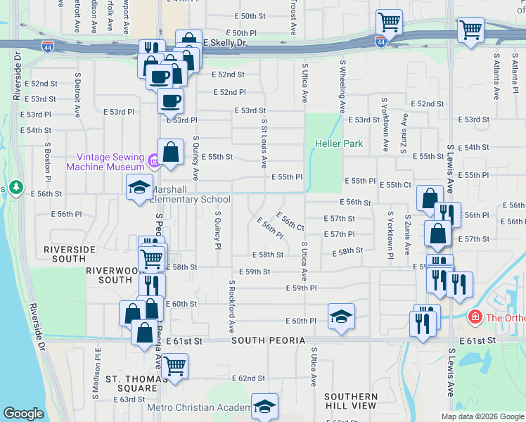 map of restaurants, bars, coffee shops, grocery stores, and more near 5637 South Rockford Place in Tulsa