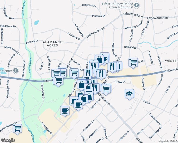 map of restaurants, bars, coffee shops, grocery stores, and more near 2604 Hickory Avenue in Burlington