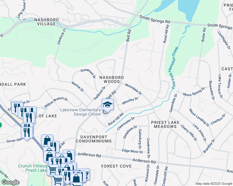 map of restaurants, bars, coffee shops, grocery stores, and more near 254 Bell Road in Nashville