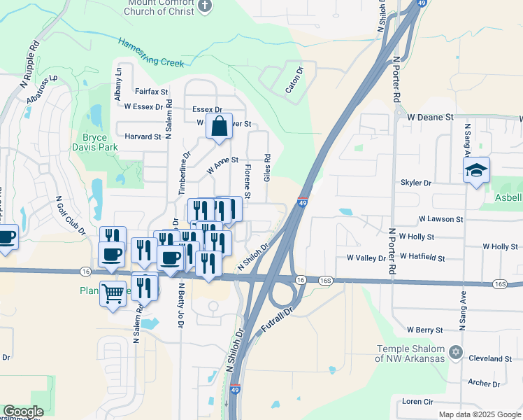 map of restaurants, bars, coffee shops, grocery stores, and more near 2895 West Dorothy Jeanne Street in Fayetteville
