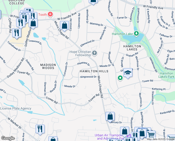map of restaurants, bars, coffee shops, grocery stores, and more near 814 Meade Drive in Greensboro