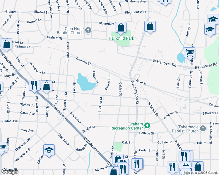 map of restaurants, bars, coffee shops, grocery stores, and more near 615 Providence Road in Graham