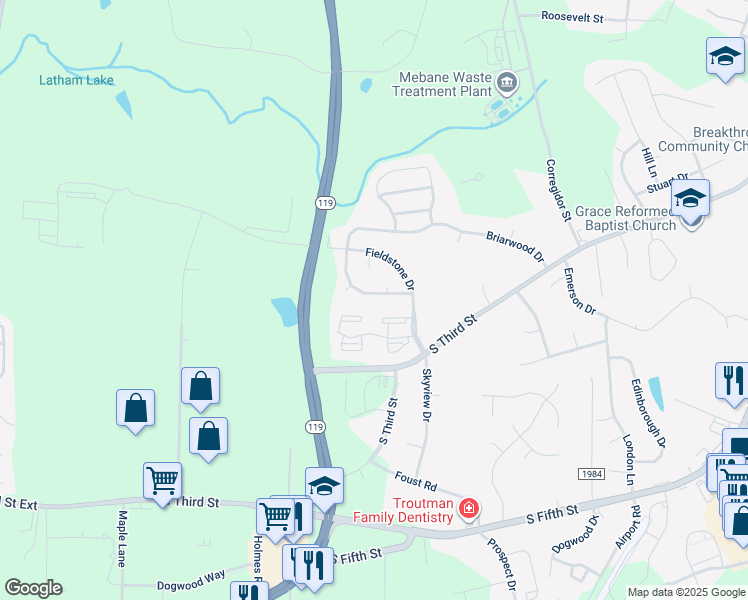 map of restaurants, bars, coffee shops, grocery stores, and more near 1117 Briarwood Drive in Mebane