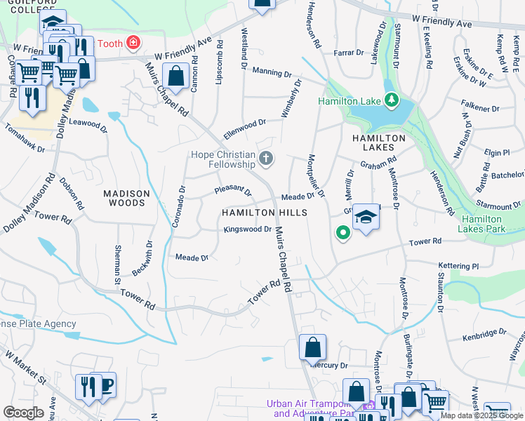 map of restaurants, bars, coffee shops, grocery stores, and more near in Greensboro