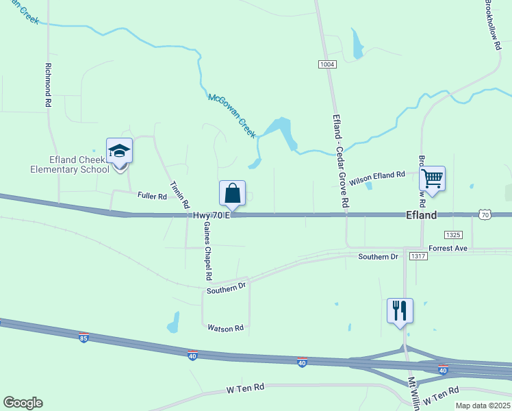 map of restaurants, bars, coffee shops, grocery stores, and more near 209 Norwich Court in Efland