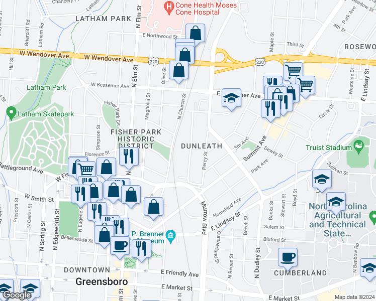 map of restaurants, bars, coffee shops, grocery stores, and more near 699 Chestnut Street in Greensboro