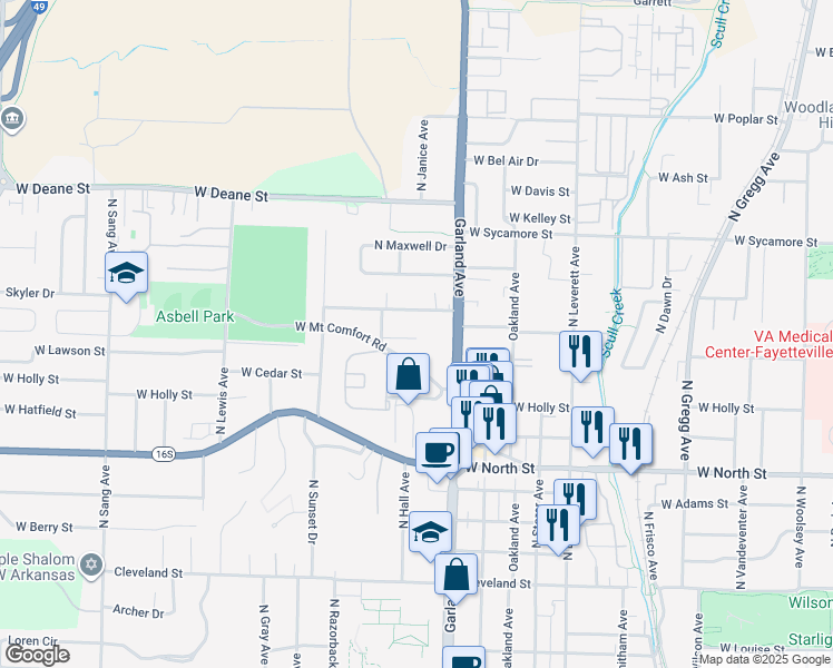map of restaurants, bars, coffee shops, grocery stores, and more near 1236 West Mount Comfort Road in Fayetteville