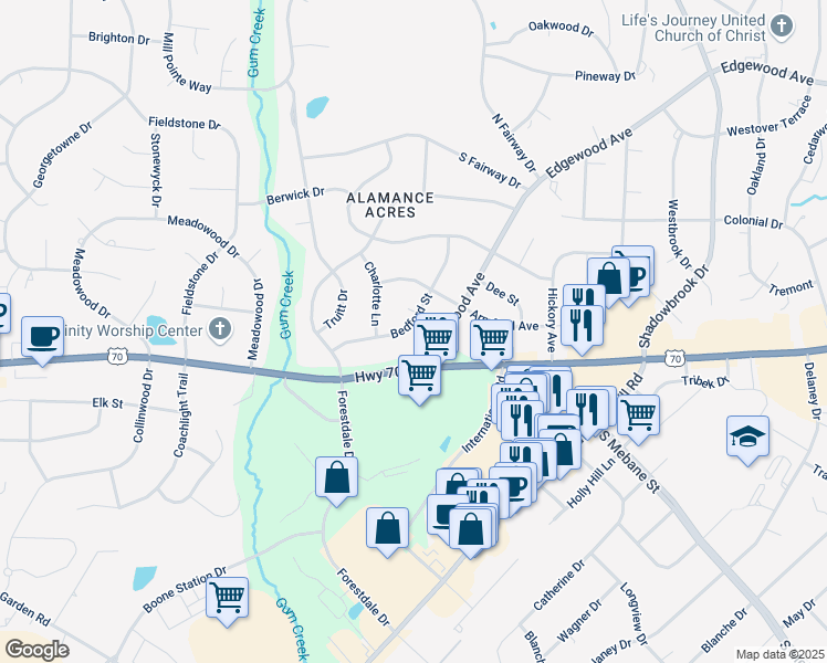 map of restaurants, bars, coffee shops, grocery stores, and more near 2822 Bedford Street in Burlington