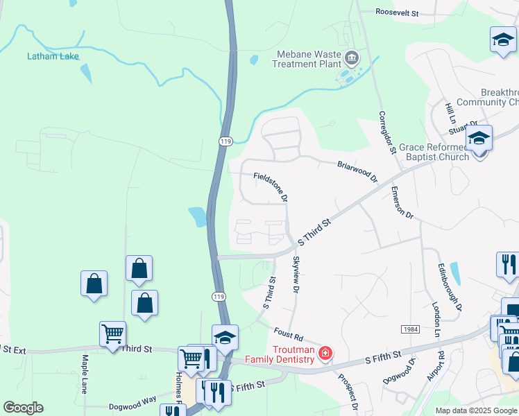 map of restaurants, bars, coffee shops, grocery stores, and more near 1117 Briarwood Drive in Mebane
