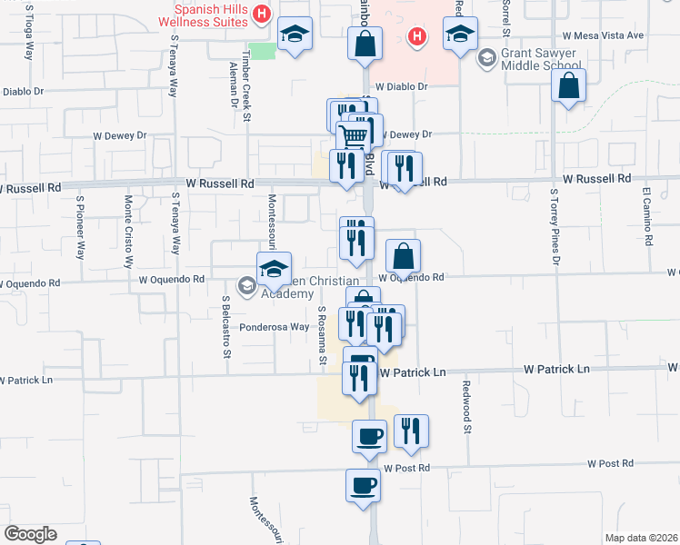 map of restaurants, bars, coffee shops, grocery stores, and more near 5890 Steinbeck Valley Street in Las Vegas