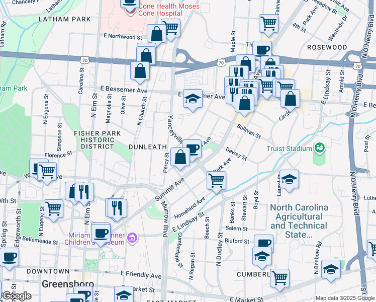 map of restaurants, bars, coffee shops, grocery stores, and more near 607 5th Avenue in Greensboro