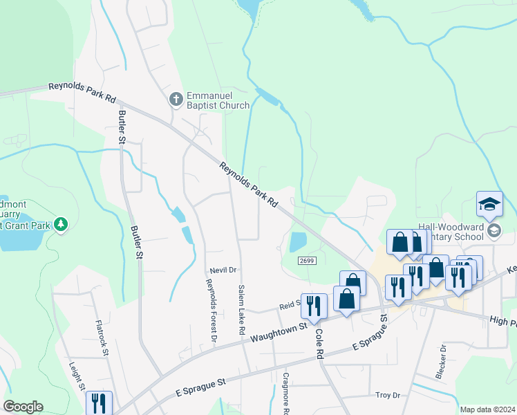 map of restaurants, bars, coffee shops, grocery stores, and more near Rhue Road in Winston Salem