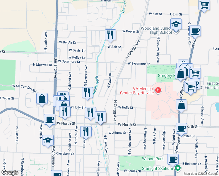 map of restaurants, bars, coffee shops, grocery stores, and more near 1361 North Hog Trough Drive in Fayetteville