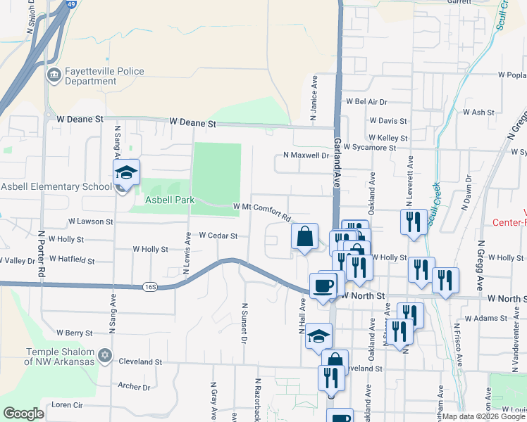 map of restaurants, bars, coffee shops, grocery stores, and more near 1311 West Mount Comfort Road in Fayetteville
