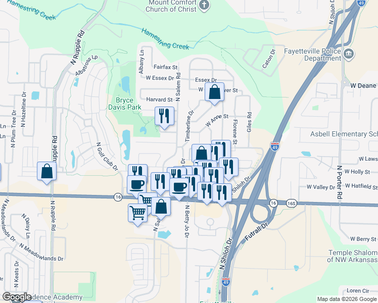 map of restaurants, bars, coffee shops, grocery stores, and more near 3241 West Montrail Place in Fayetteville