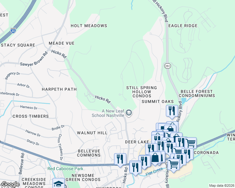 map of restaurants, bars, coffee shops, grocery stores, and more near 408 Hicks Road in Nashville