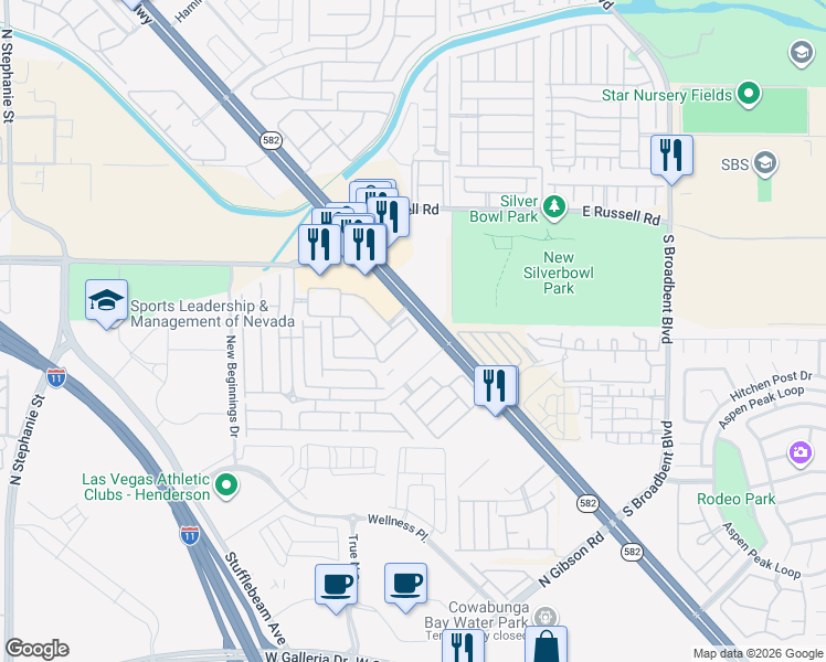 map of restaurants, bars, coffee shops, grocery stores, and more near 5880 Boulder Falls Street in Henderson
