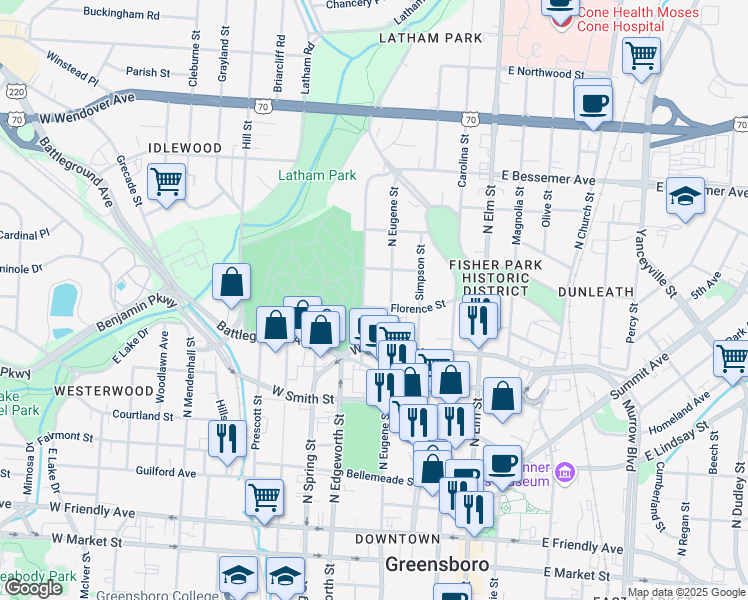 map of restaurants, bars, coffee shops, grocery stores, and more near 719 North Eugene Street in Greensboro