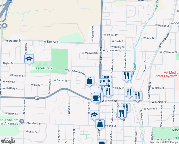 map of restaurants, bars, coffee shops, grocery stores, and more near 1236 West Mount Comfort Road in Fayetteville